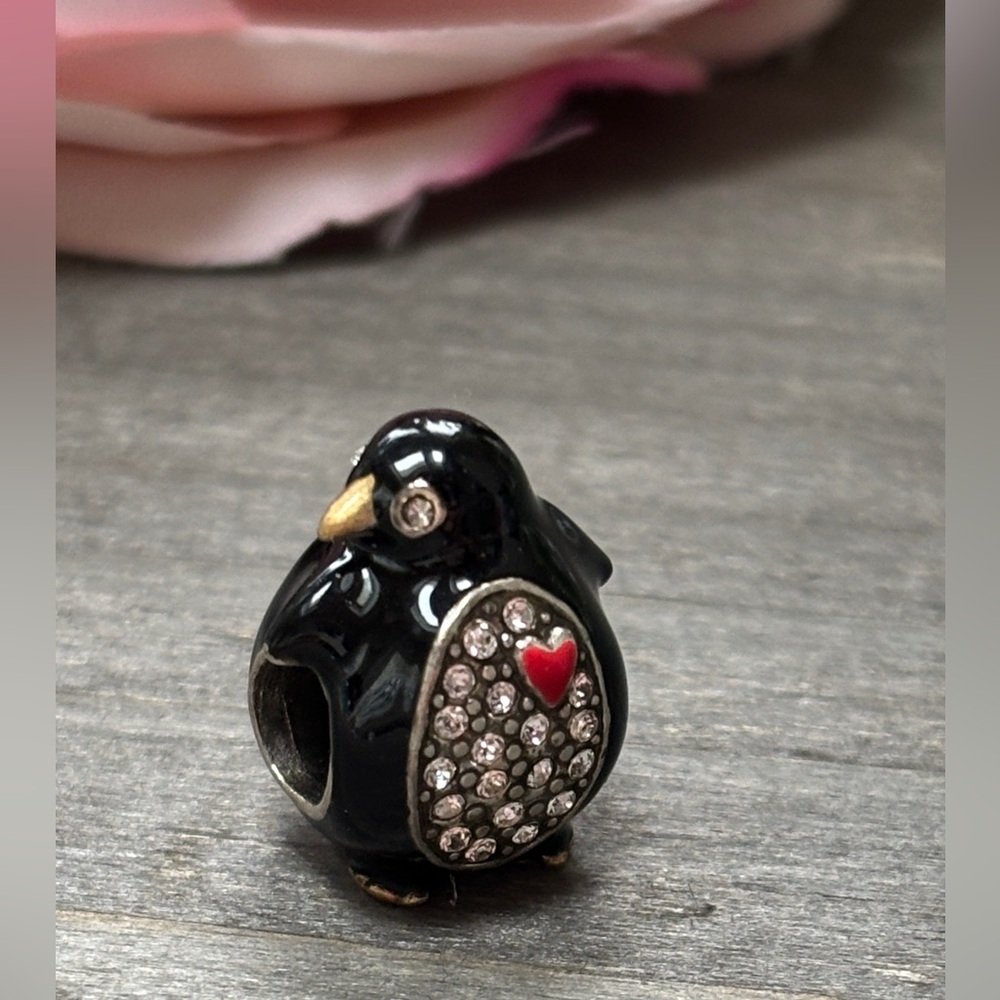 Black Penguin Charm Bead with Red Heart